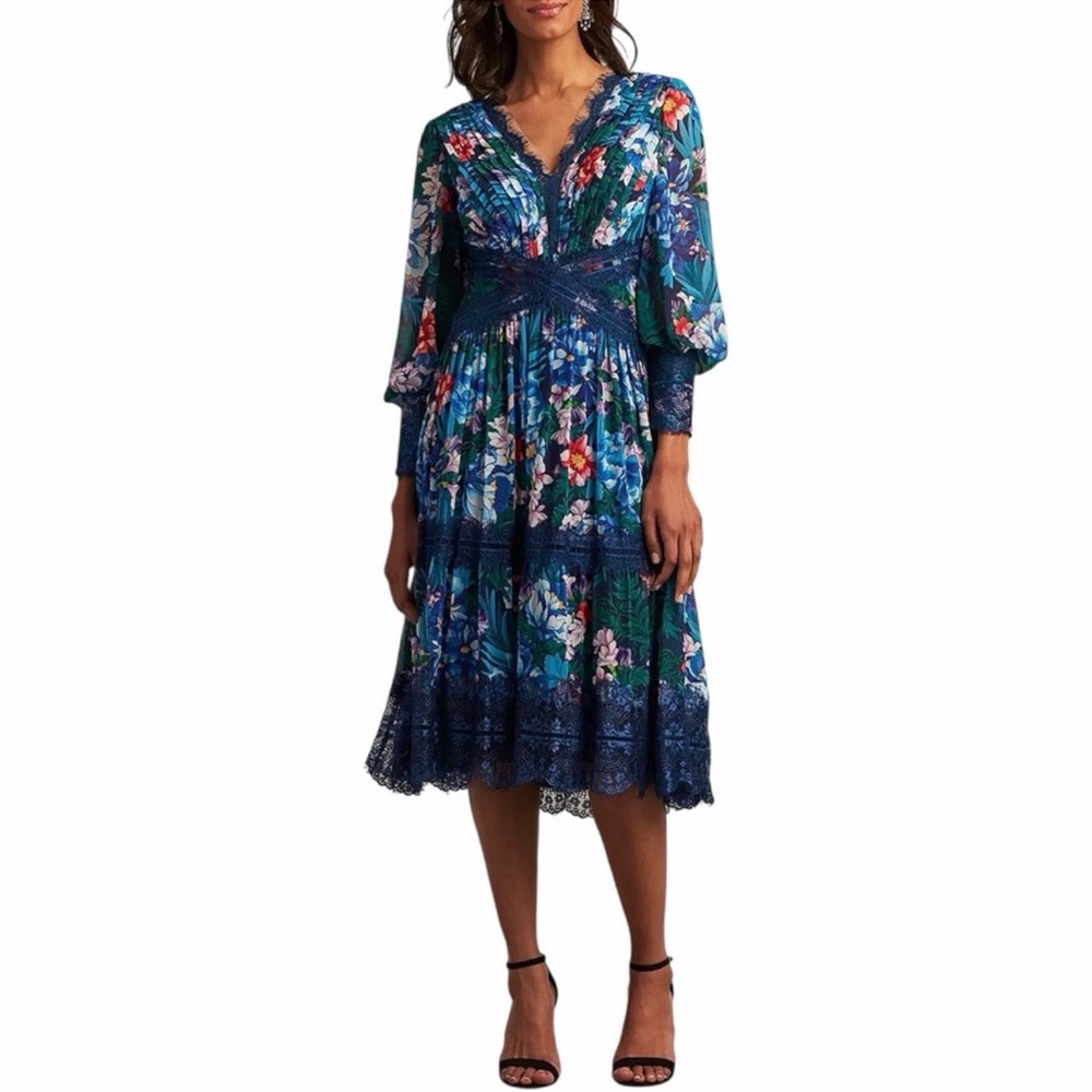 Tadashi Shoji Navy Floral Lace and Pleating Midi Dress Bridal Wedding Formal